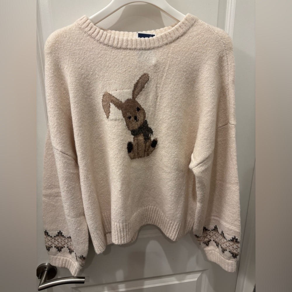 NWT The Workshop Cozy Cream Sweater with scarf Bunny Design - M